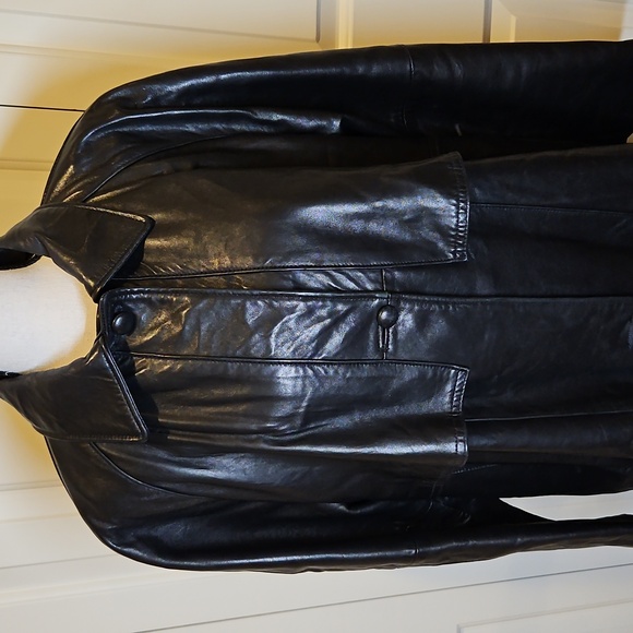 Vintage Reed Elegant Black Leather Coat Trench S Long Buttons - Picture 2 of 12